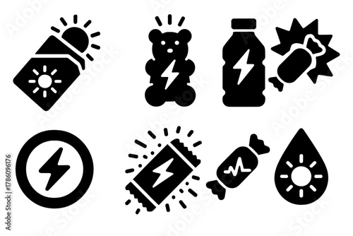 Light-Energy Snacks Icons. Solid style icons of light-energy snacks: solar-charged bar, beam-boost gummy, glow stamina drink.