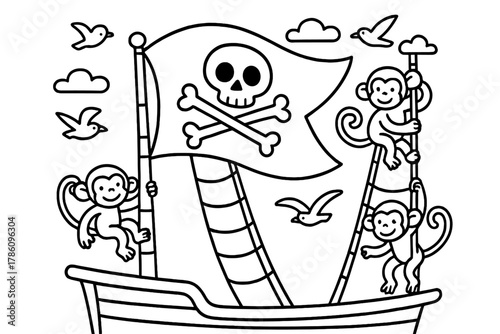 Whimsical Pirate Adventure. Whimsical pirate flag waving on a ship with seagulls, clouds, and playful monkeys climbing ropes,