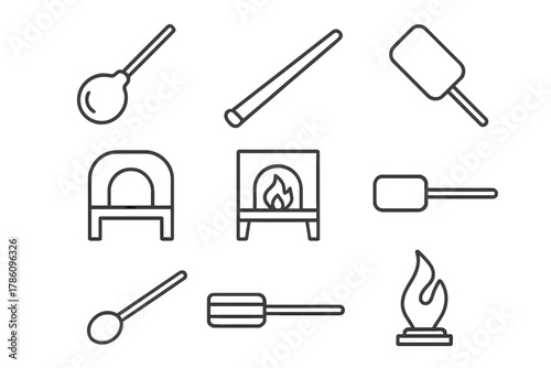 Glassblowing Line Icons. Line style icons of Glassblowing: Molten Glass, Blowpipe, Marver, Annealing Oven, Furnace, Shaping Paddle