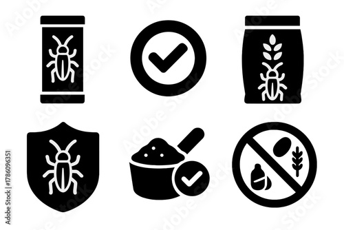 Allergen-Free Insect Protein. Solid style icons of allergen-free insect protein: cricket protein bar, allergen-free stamp,