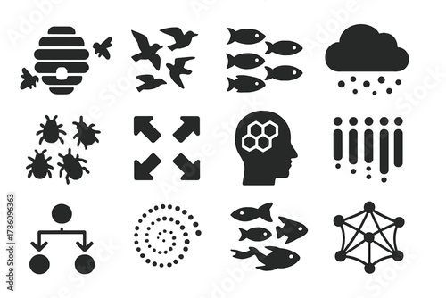 Swarm Intelligence Icons. Solid style icons of swarm intelligence: bee hive, bird flock, fish school, swarm cloud, insect cluster,