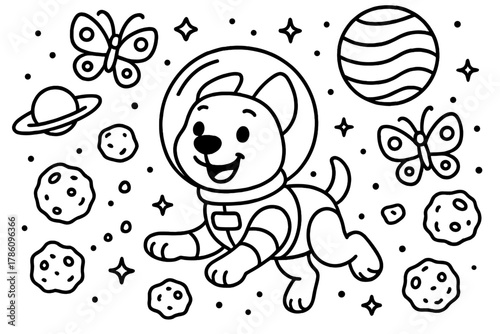 Robot Dog Adventure. Smiling robot dog wearing a helmet chasing space butterflies among asteroids and planets, black and white
