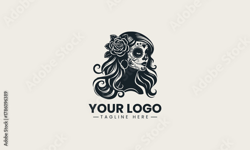 Black woman skull silhouette with long wavy hair and flower detailed logo illustration