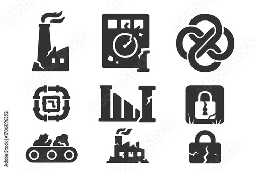 Post-Industrial Ruins Icons. Solid style icons of post-industrial ruins: smokestack glyph, shattered control panel icon, chain