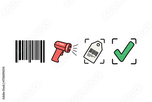 Retail and inventory management icons for barcode scanning and product labeling