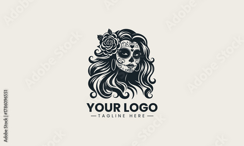 Black woman skull silhouette with long wavy hair and flower detailed logo illustration
