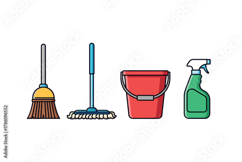Household cleaning essentials icons for home organization and hygiene