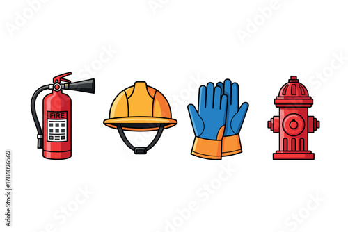 Fire safety and protection equipment icons for emergency preparedness
