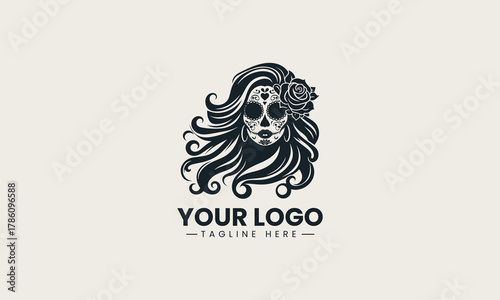Black woman skull silhouette with long wavy hair and flower detailed logo illustration
