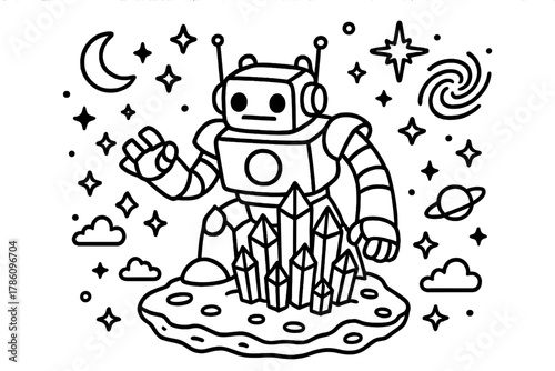 Robot Guards Crystal City. Magical scene of giant robot guardian protecting a crystal city on an asteroid with galaxies shining,