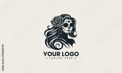 Black woman skull silhouette with long wavy hair and flower detailed logo illustration