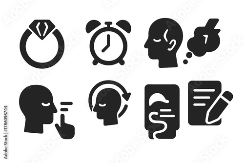 Lucid Induction Icons. Solid style icons of lucid induction techniques: mnemonic phrase ring, wake-back-to-bed clock, sleep