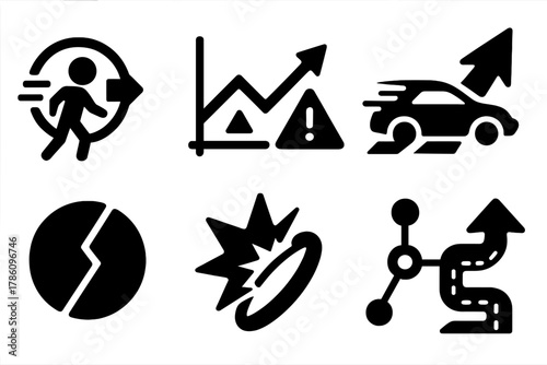 Futuristic Icon Collection. Solid style icons of unsanctioned futurism: time leap glyph, dangerous progress chart, future rush