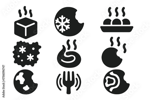 Thermal Texture Icons. Solid style icons of thermal texture dining: hot cube with steam icon, chill sphere bite, temp-sensitive