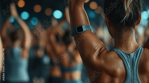 Sweaty woman raising arms in fitness class focused on achieving health goals with smart wearable technology