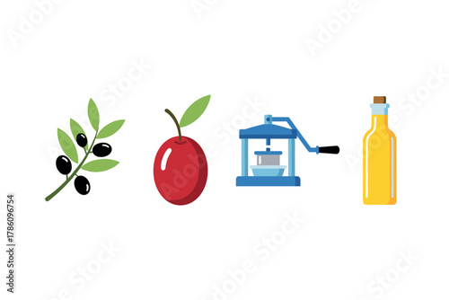 Olive oil production process icons for culinary and educational design