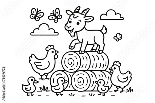 Goat and Friends. Funny goat climbing on hay bales with chickens, ducks, and butterflies around, black and white line art,