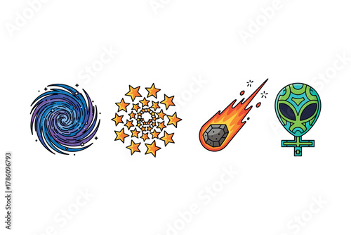 Cosmic exploration icons for sci-fi and space-themed designs