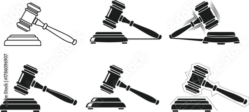 Judge gavel icon set, law and justice symbol, legal decision illustration, courtroom authority concept, auction hammer graphic, legal system design