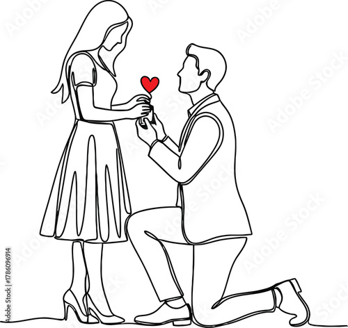 Man proposes to woman on one knee offering a red heart symbol