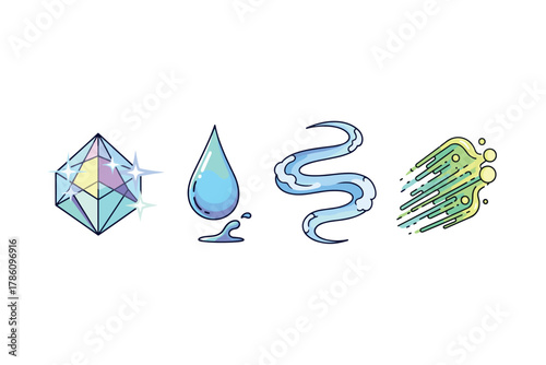 Elemental magic icons for fantasy game design and art projects