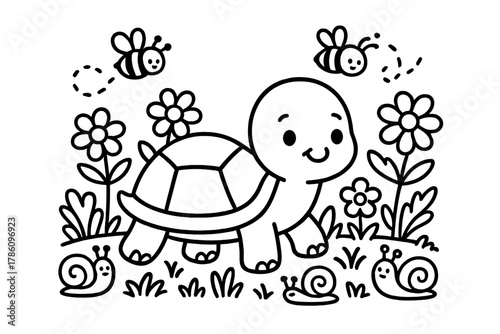 Joyful Garden Walk. Happy turtle walking slowly in a little garden with snails, flowers, and bees buzzing, black and white line