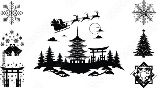 Japanese pagoda silhouette, Santa sleigh, torii gate, Christmas tree, snowflakes, reindeer, festive moon, holiday Japan, winter celebration, tradition