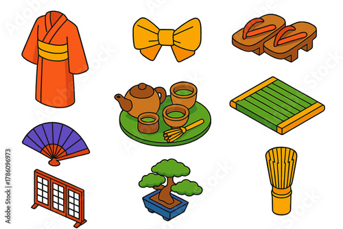 Japanese Heritage Objects. Isometric vector illustration set Cultural heritage – traditional kimono, obi sash, wooden geta sandals