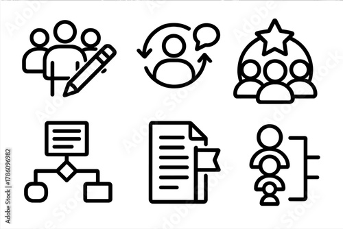 Scriptwriting Icons Compilation. Line style icons of Crowdsourced Scriptwriting: creative committee icon, user feedback loop,