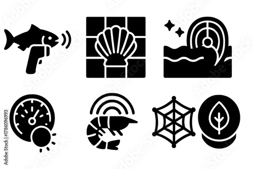 Seafood Spectral Icons. Solid style icons of seafood spectral mapping: fish freshness scanner, shellfish profile grid, waterline