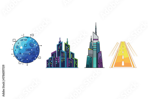 Futuristic urban landscape and space exploration icons for design projects