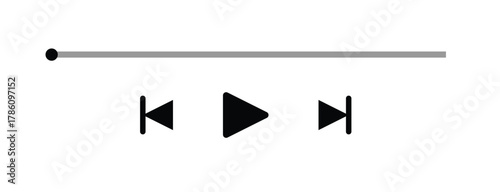Music or video play bar icon on white background. Audio player for songs or podcast playlist. Loading bar with time slider, pause, rewind and fast forward buttons.