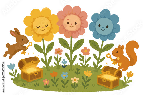 Enchanted Memory Garden. Memory garden with blooming flowers holding tiny faces, playful animals carrying keys, and glowing