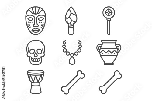 Anthropology Icons Collection. Line style icons of Anthropology: Tribal Mask, Ancient Tool, Ritual Object, Skull, Necklace,