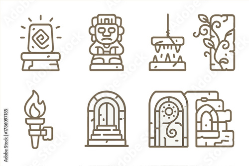 Mystical Ruins Icons. Line style icons of Mystical Ruins: Glowing Relic, Idol, Trap, Vines, Torch, Stairway, Ancient Door, Symbol,