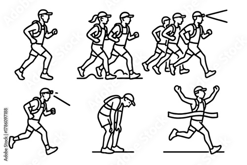 Ultra-Marathon Line Icons. Line style icons of ultra-marathon runners: solo endurance runner, pair on trail, group in motion,