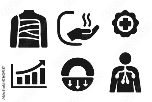 Post-Op Recovery Icons. Solid style icons of post-op air therapy: recovery wrap icon, medical air hose, gentle pressure glyph.