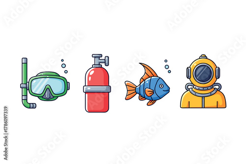Underwater exploration and diving equipment icons for marine adventure design