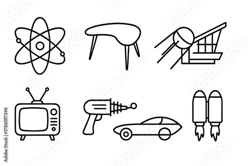 Atomic Age Icons. Line style icons of Atomic Age: Atom Symbol, Boomerang Table, Sputnik, Googie Architecture, Retro TV, Ray Gun,
