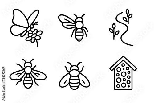Pollinator Icons Collection. Line style icons of pollinator support: butterfly on flower, mason bee icon, pollinator corridor path