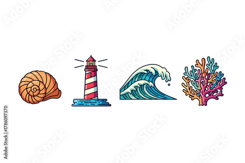 Coastal marine icons for ocean-themed designs and beach marketing