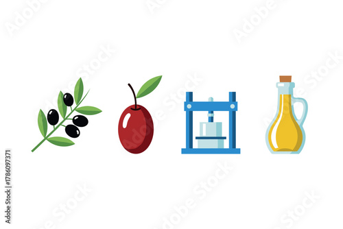 Olive oil production icons for culinary and nature design projects