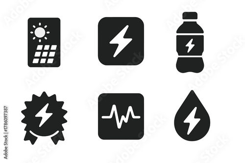 Light-Energy Snacks Icons. Solid style icons of light-energy snacks: solar-charged bar, beam-boost gummy, glow stamina drink.