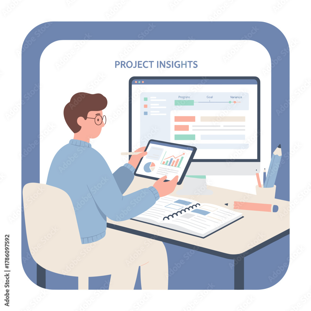 Fototapeta premium Man Analyzing Digital Reports And Charts On A Tablet And Computer Screen With Project Insights Dashboard And Graphs On A Desk With Notebook And Pencils