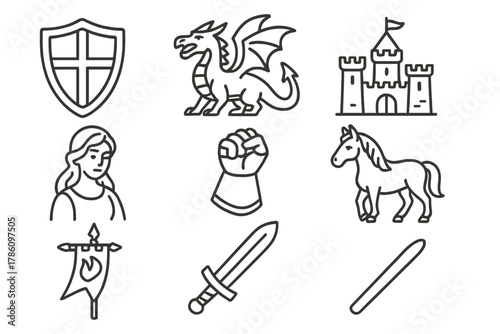 Knight's Quest Icons. Line style icons of Knight's Quest: Shield, Dragon, Distant Castle, Fair Maiden, Armor Gauntlet, Horse,