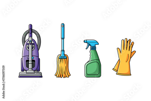 Home cleaning essentials icons for housekeeping and maintenance