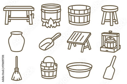 Traditional Workshop Icons. Line style icons of traditional workshop: workbench, water vat, wooden tub, stool; jar, scoop, drying