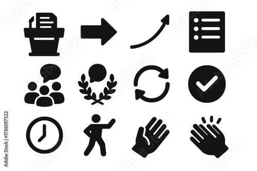 Political Speech Icons. Solid style icons of political speech structure: podium with notes, introduction arrow, rising climax