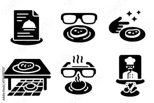 AR Dining Concepts. Solid style icons of AR dining experiences: hologram menu, virtual meal plate, table with projection grid.