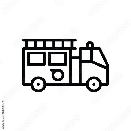 Outlined fire truck with boxy body windows wheels ladder rack and cab